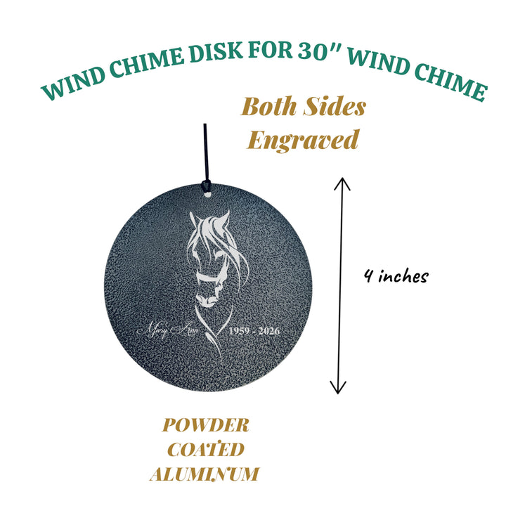 HipFlaskPlus personalized black powder-coated aluminum wind chime disk with laser-engraved horse design
