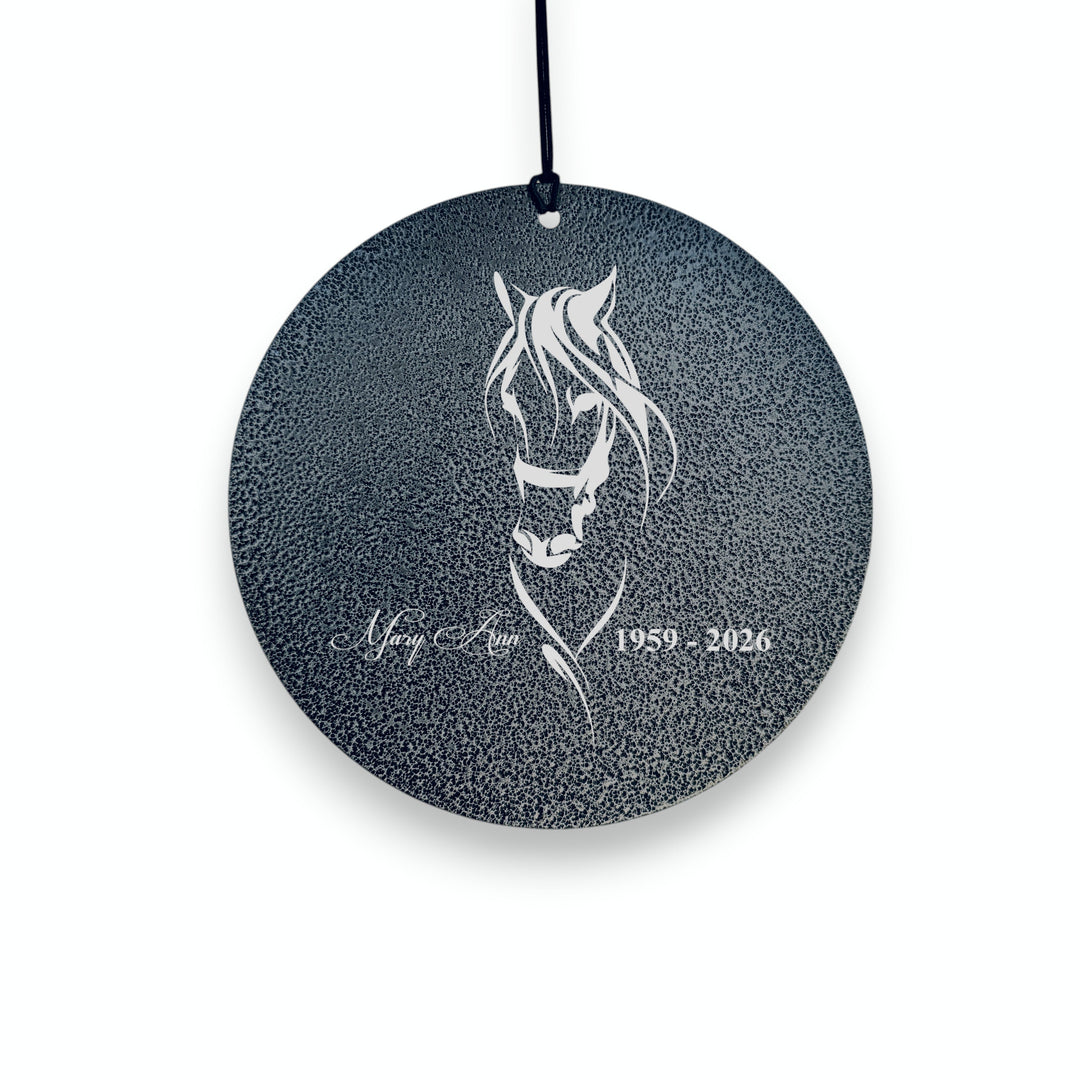 HipFlaskPlus personalized black powder-coated aluminum wind chime sail with laser-engraved horse and memorial text