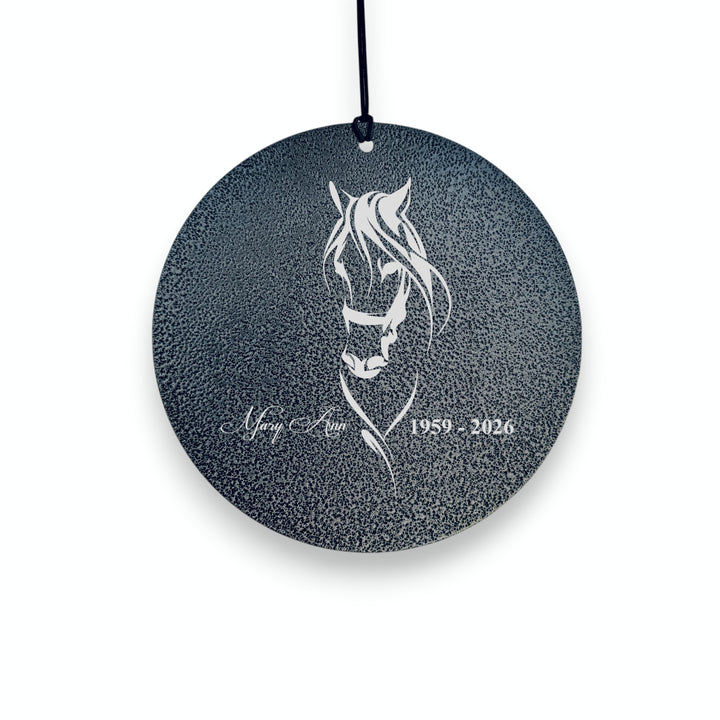 HipFlaskPlus personalized black powder-coated aluminum wind chime sail with laser-engraved horse and memorial text