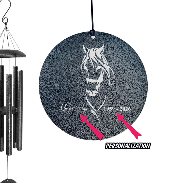 HipFlaskPlus personalized black powder-coated aluminum wind chime featuring a laser-engraved horse and custom text.