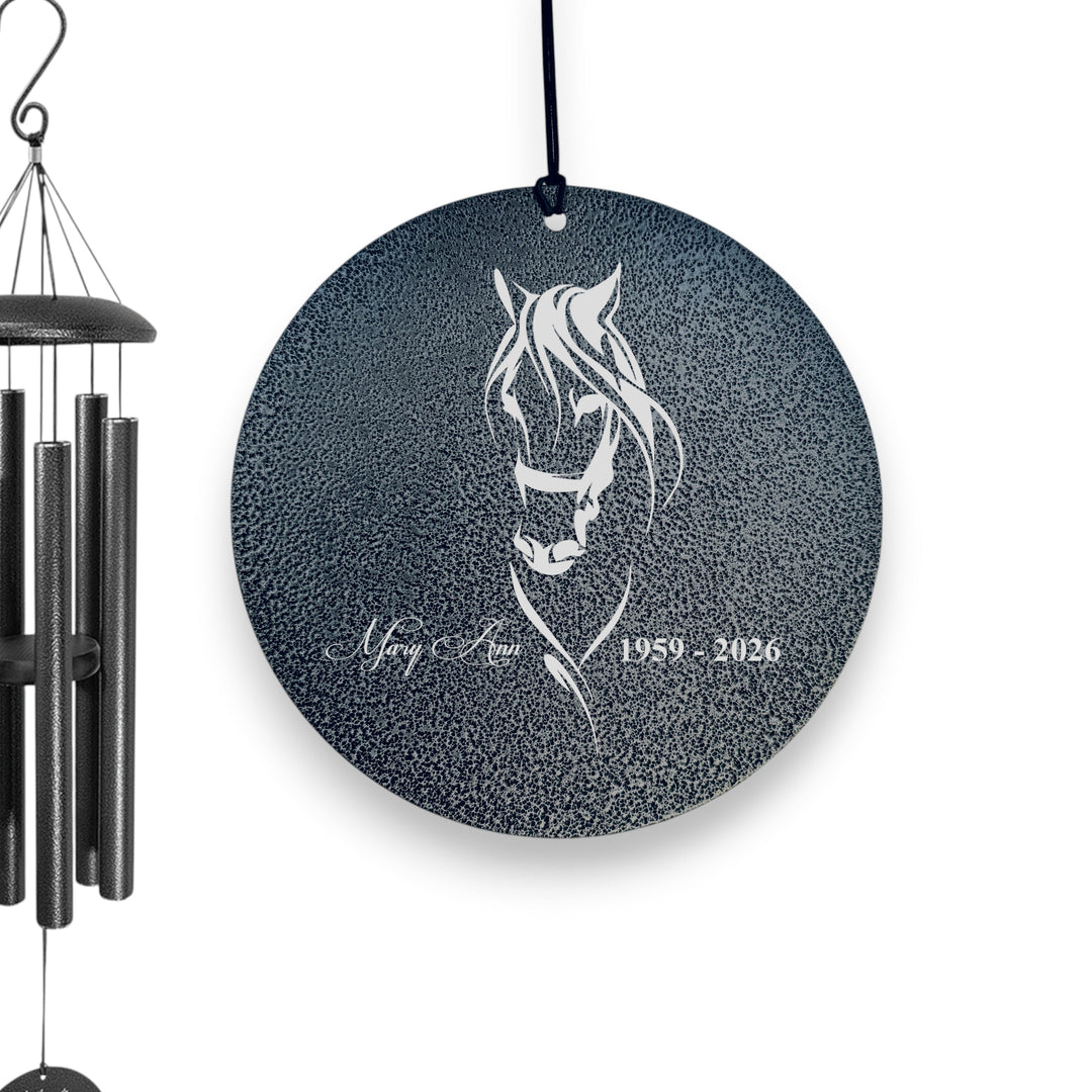 HipFlaskPlus personalized black powder-coated aluminum wind chime with laser-engraved horse design and memorial text