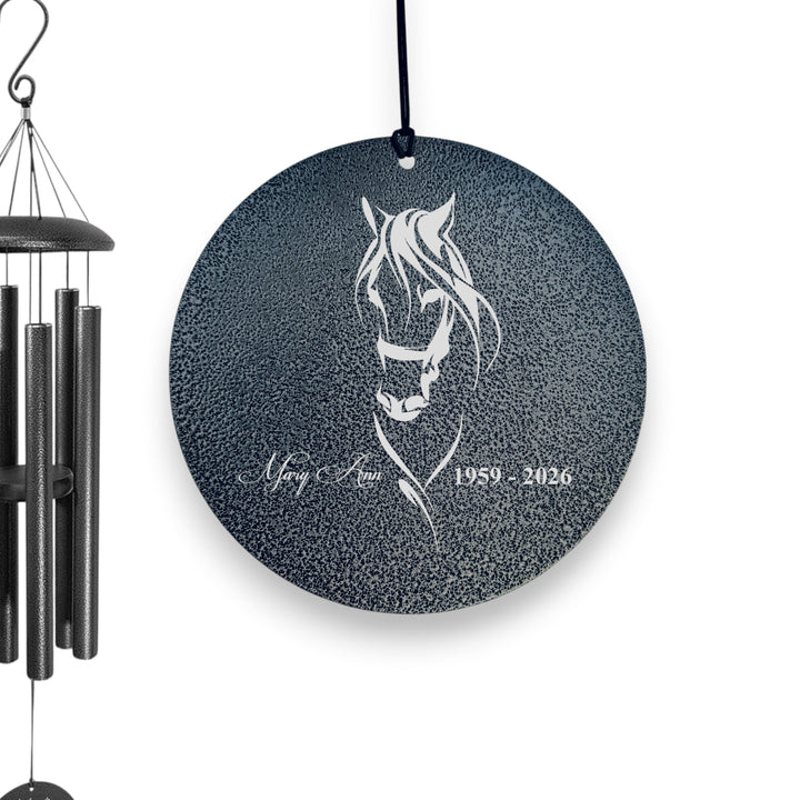 HipFlaskPlus personalized black powder-coated aluminum wind chime with laser-engraved horse design and memorial text
