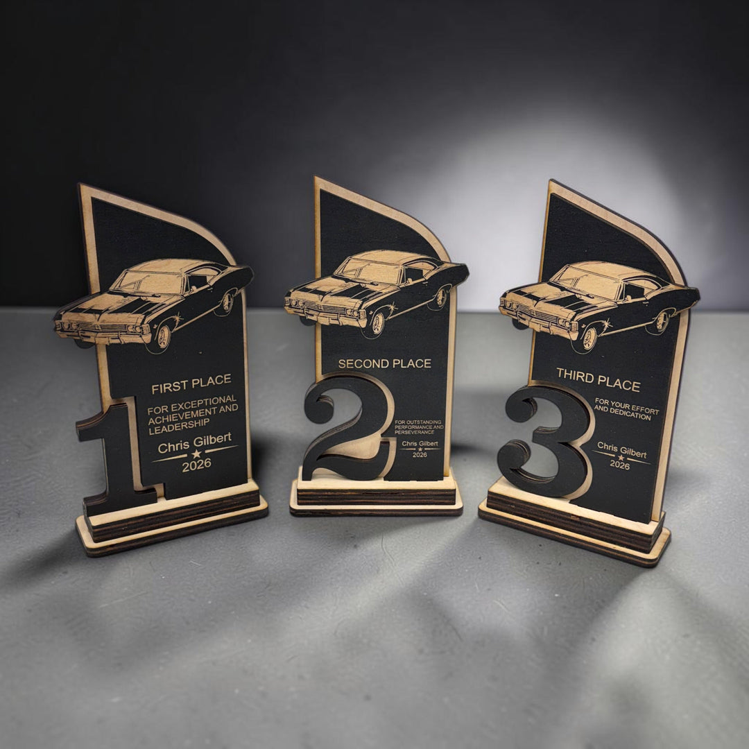 HipFlaskPlus personalized maple wood car show trophies for 1st, 2nd, and 3rd place with laser engraved classic cars.