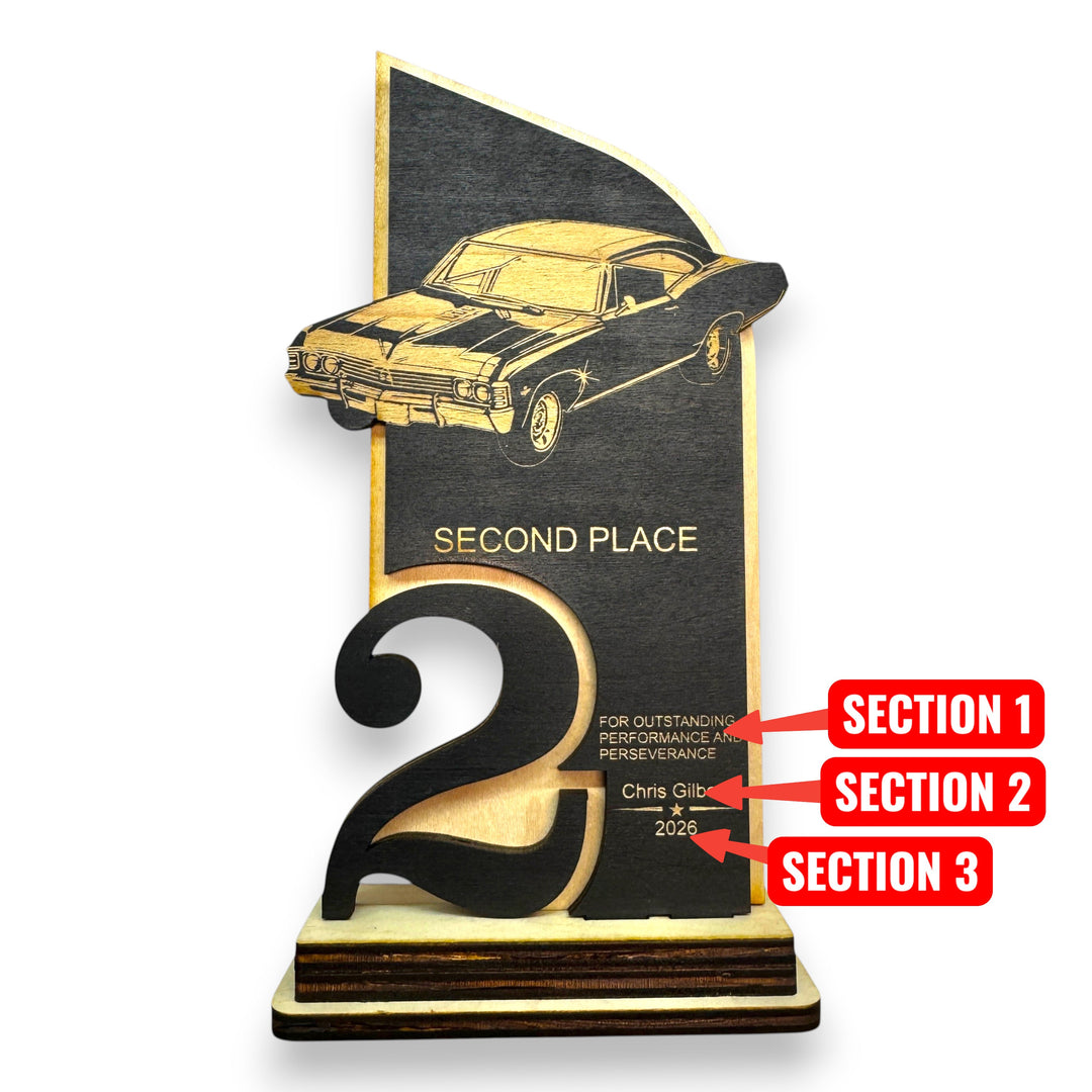 HipFlaskPlus personalized maple wood car show trophy for second place with laser engraved classic car design