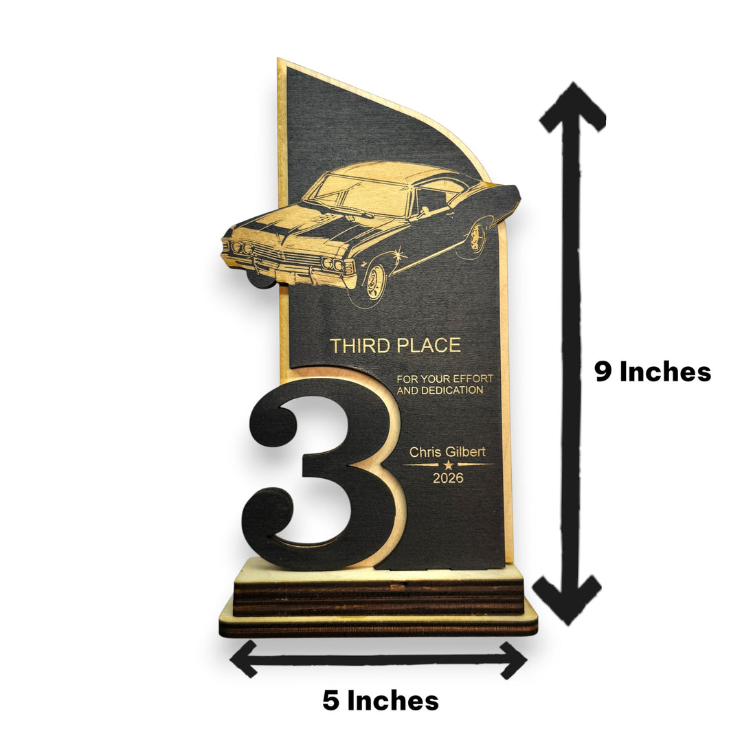 HipFlaskPlus personalized 9x5 inch maple wood car show trophy with laser-engraved classic car and third place detail.