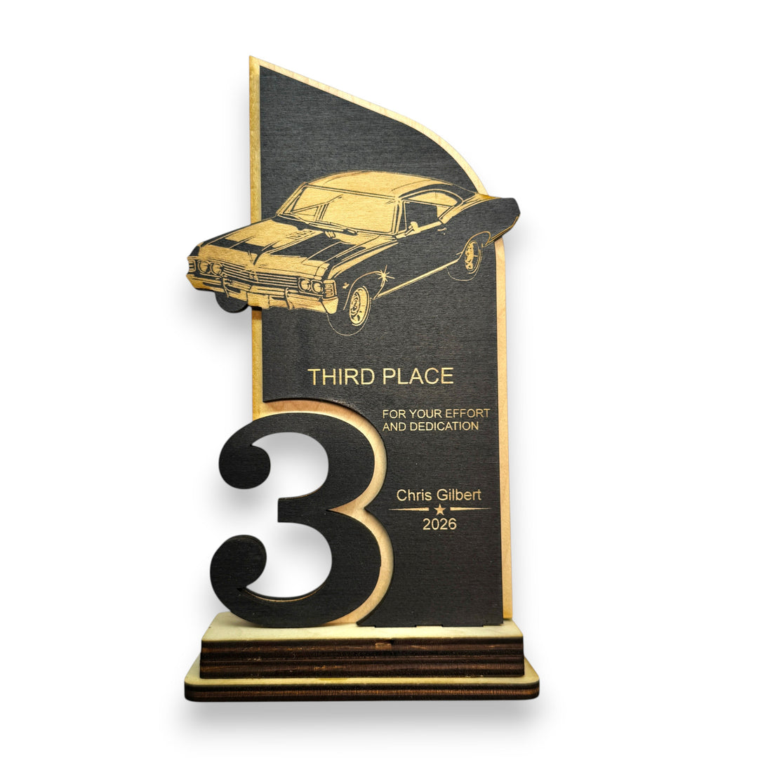 HipFlaskPlus personalized maple wood third place car show trophy with laser engraved classic car and custom text.