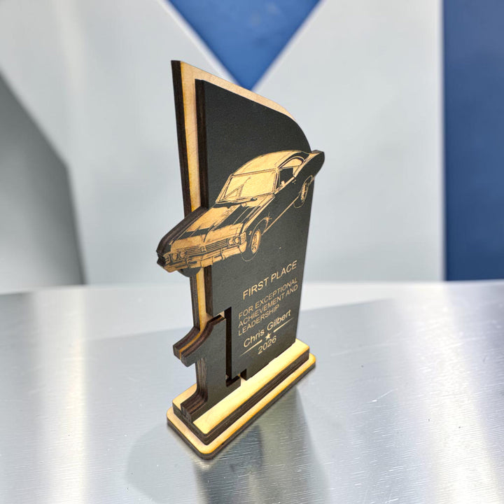HipFlaskPlus personalized maple wood car show trophy with laser engraved classic car and first place text
