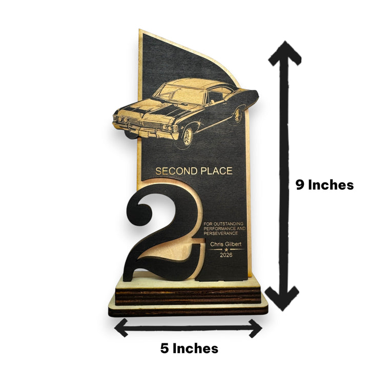 HipFlaskPlus personalized maple wood car show trophy with laser engraved classic car and second place text
