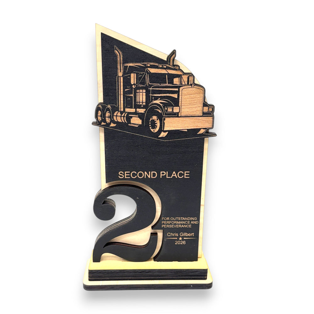HipFlaskPlus personalized maple wood second place trophy featuring a laser engraved big rig diesel truck design