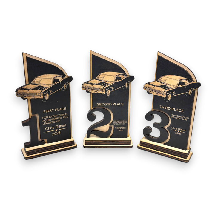 HipFlaskPlus personalized maple wood car show trophies for 1st, 2nd, and 3rd place with laser-engraved classic cars.