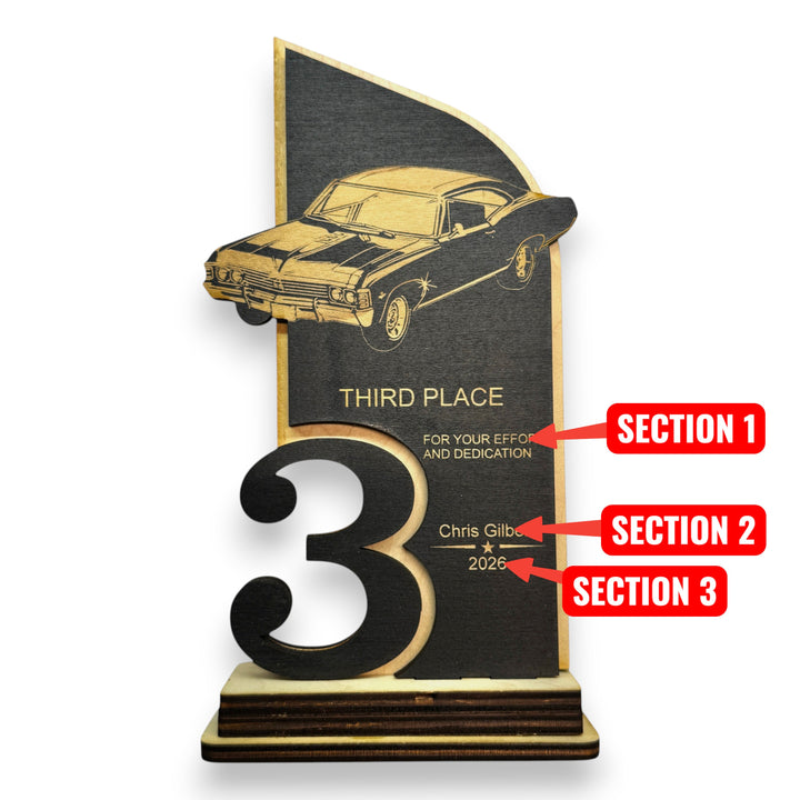 HipFlaskPlus personalized maple wood car show third place trophy with laser engraved classic car and custom text