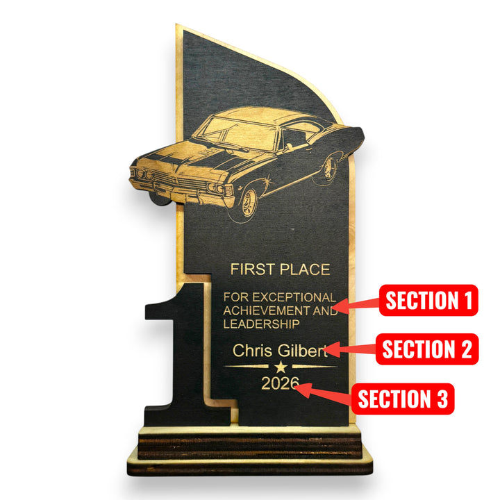 HipFlaskPlus personalized maple wood car show trophy with laser engraved classic car and first place text