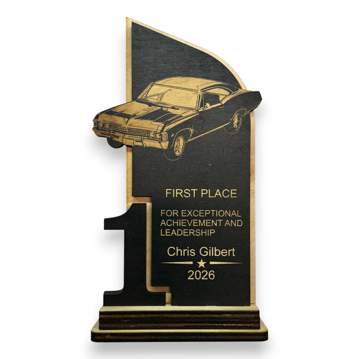 HipFlaskPlus personalized maple wood car show trophy with laser engraved classic car and first place text