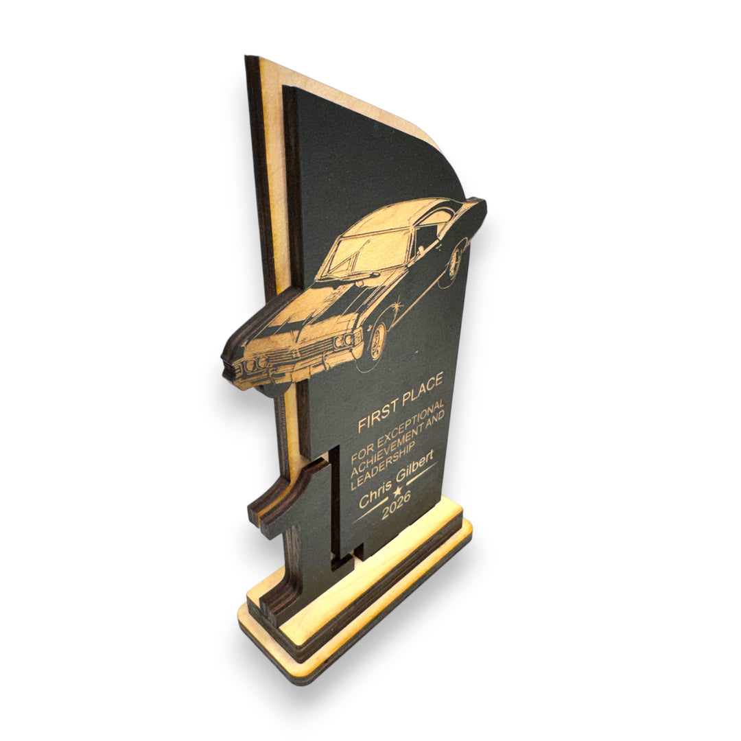 HipFlaskPlus personalized maple wood car show trophy with laser engraved classic car and first place text