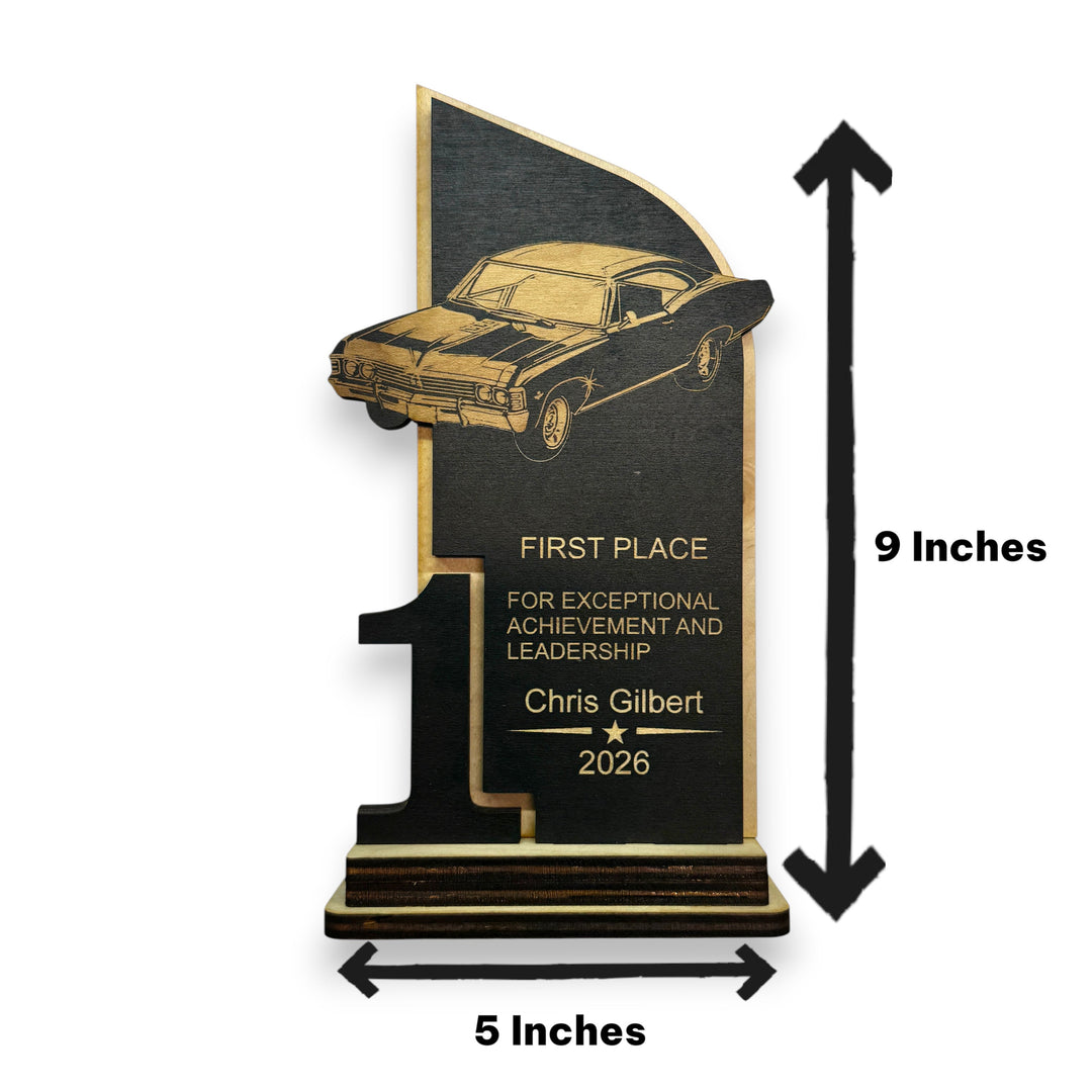 HipFlaskPlus personalized 9x5 inch maple wood car show trophy with laser-engraved classic car and first place text