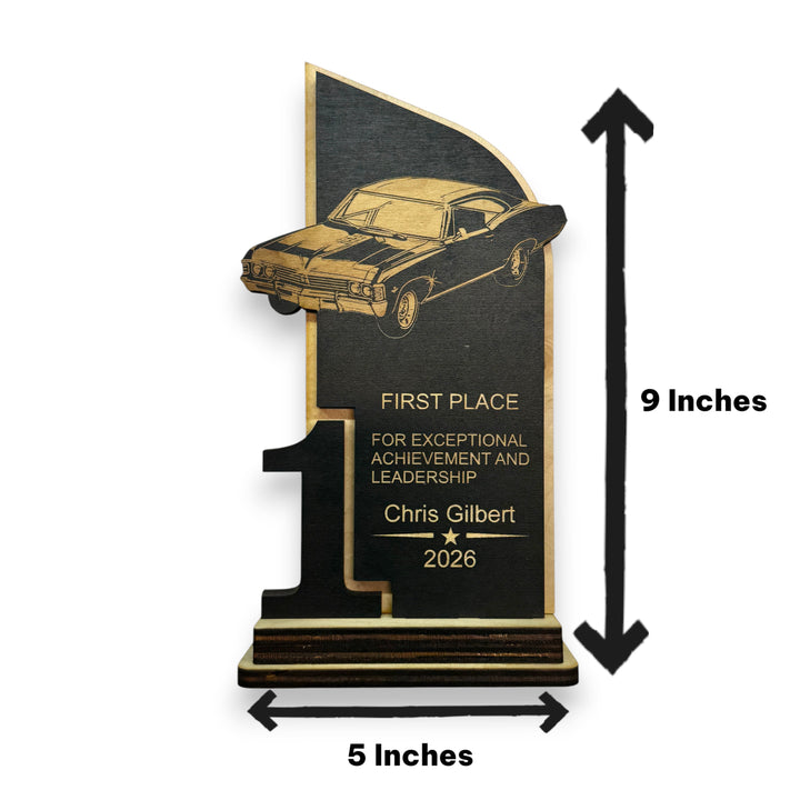 HipFlaskPlus personalized 9x5 inch maple wood car show trophy with laser-engraved classic car and first place text