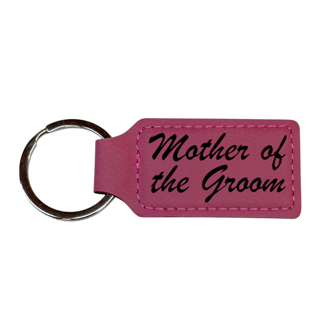 HipFlaskPlus rectangular pink leatherette keychain engraved with Mother of the Groom in elegant black script