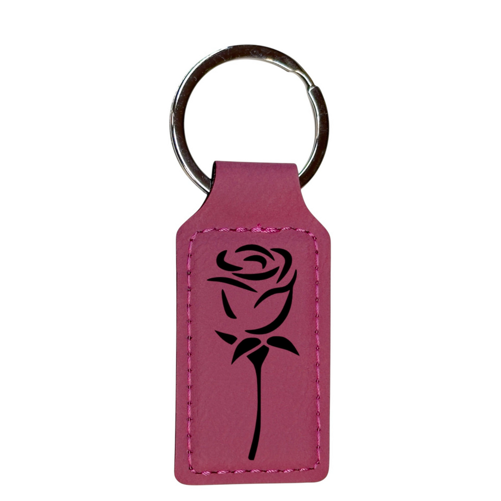 HipFlaskPlus rose rectangle leatherette keychain with a black floral design and durable metal ring