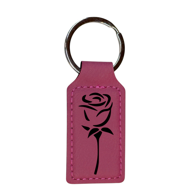 HipFlaskPlus rose rectangle leatherette keychain with a black floral design and durable metal ring