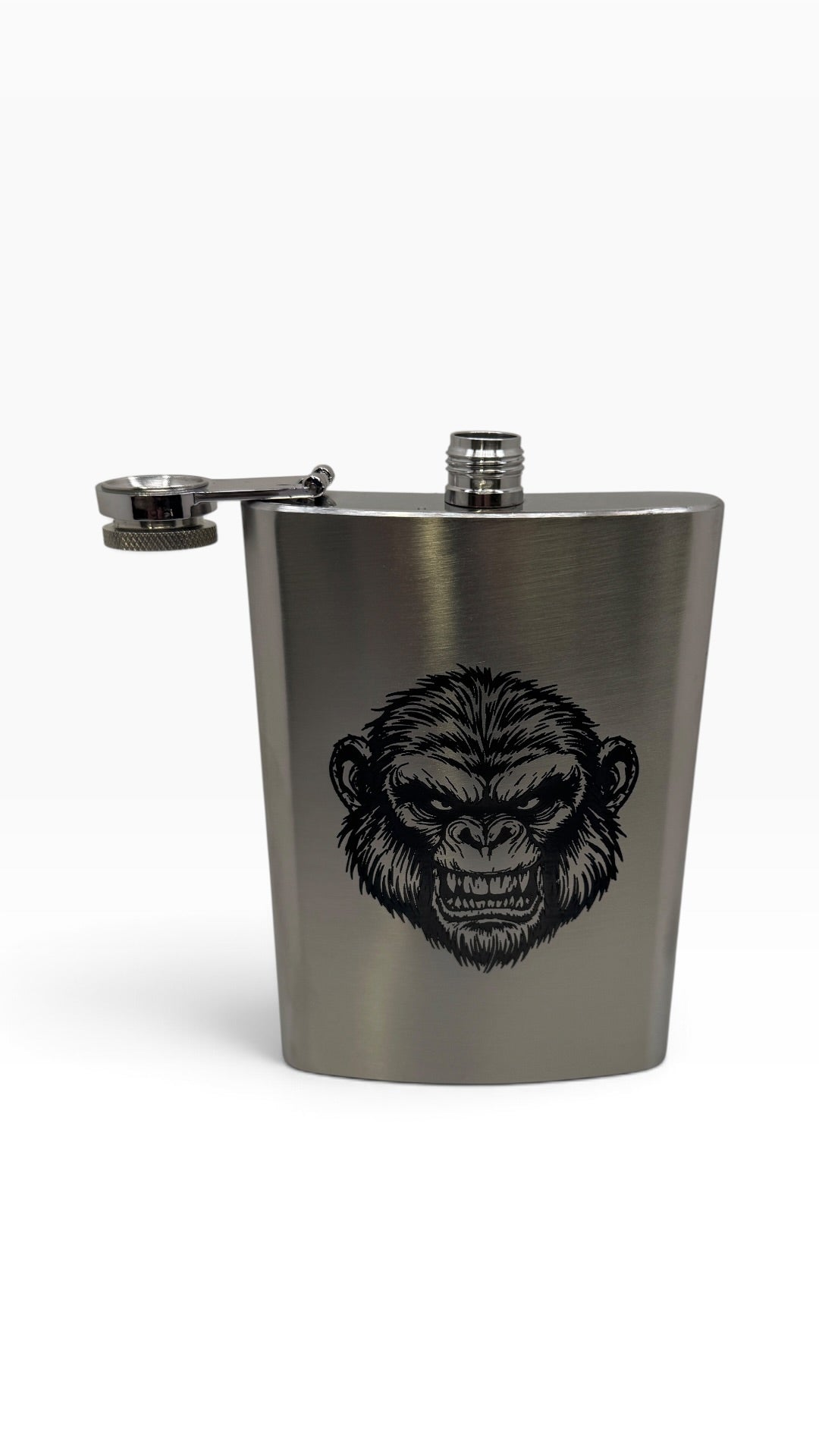HipFlaskPlus 8oz stainless steel flask featuring a detailed Andy the Ape engraving and a secure hinged lid.