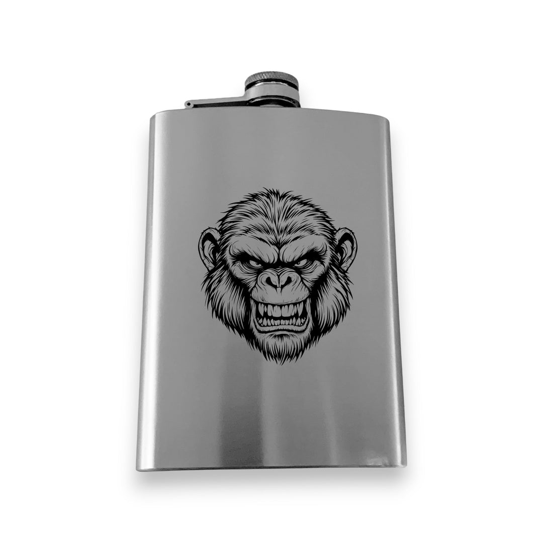 HipFlaskPlus 8oz stainless steel flask featuring a detailed Andy the Ape engraving and a secure hinged lid.