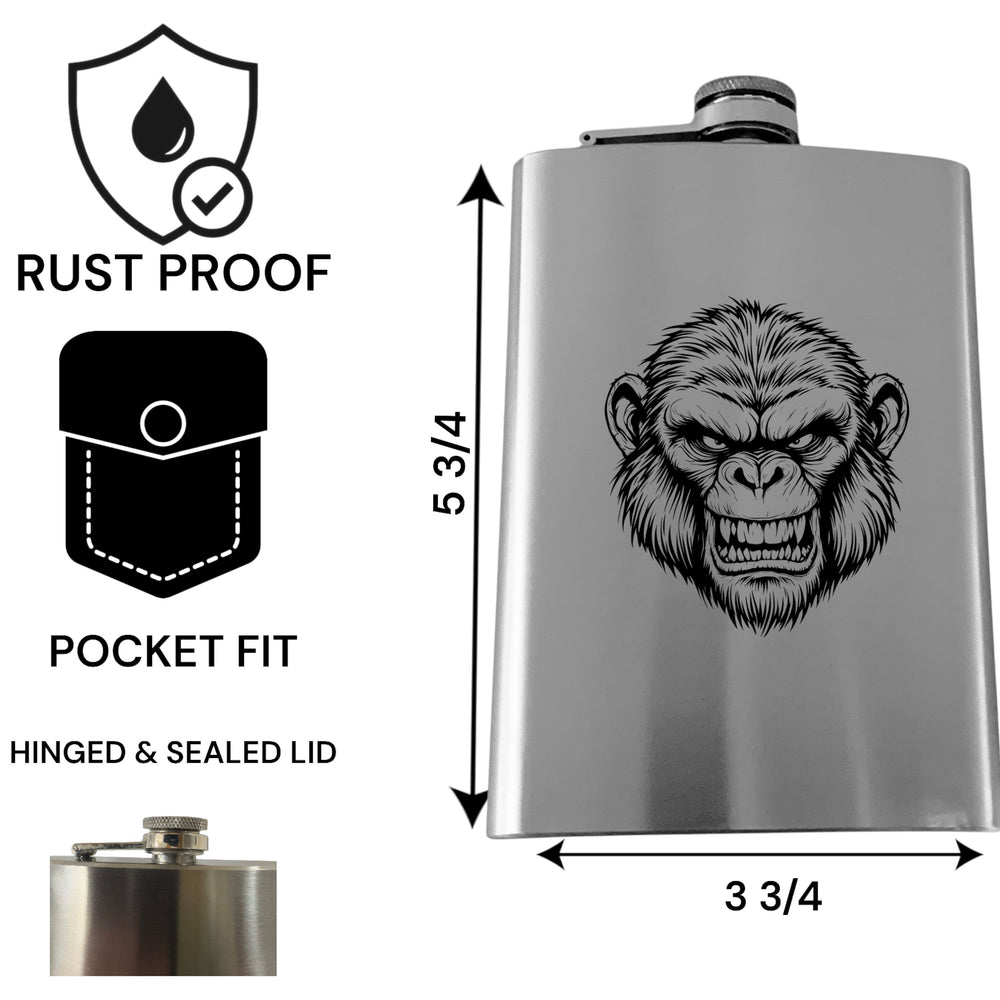 HipFlaskPlus 8oz stainless steel flask featuring an Andy the Ape engraving, rust-proof with a secure hinged lid.
