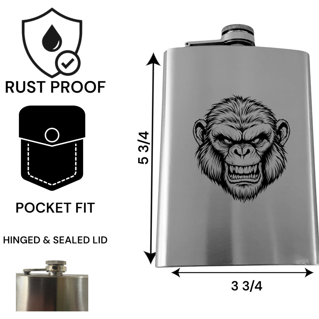 HipFlaskPlus 8oz stainless steel flask featuring an Andy the Ape engraving, rust-proof with a secure hinged lid.