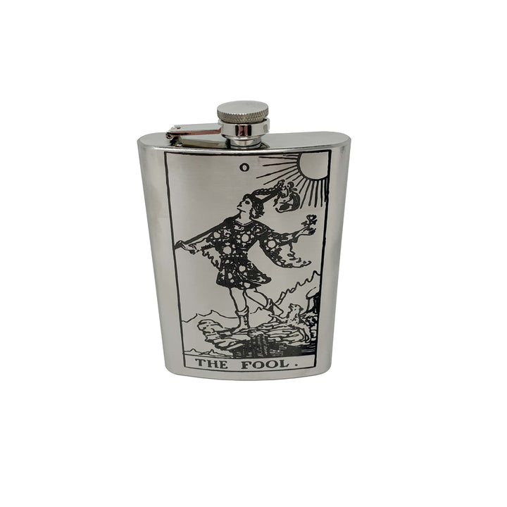 HipFlaskPlus 8oz stainless steel flask featuring a laser-engraved The Fool tarot card design and screw-down cap.