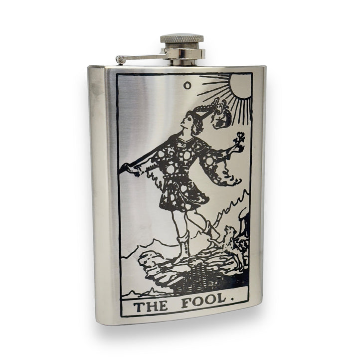 HipFlaskPlus 8oz stainless steel flask featuring a laser-engraved The Fool tarot card design with a screw-down cap.