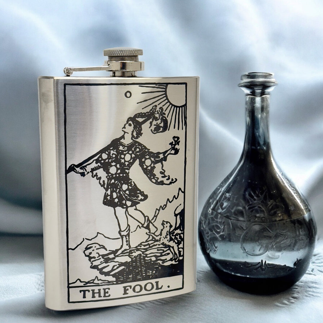 HipFlaskPlus 8oz stainless steel flask with laser engraved The Fool tarot card design and screw-down cap