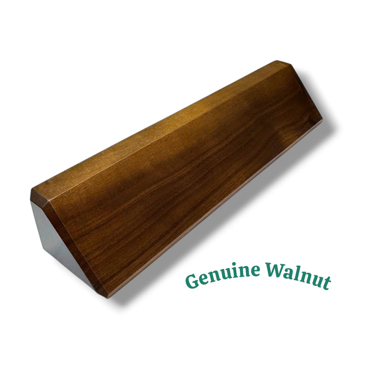 HipFlaskPlus 11-inch solid walnut desk wedge name plate with a smooth wood grain finish for professional offices.