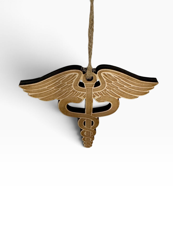 HipFlaskPlus laser-engraved wooden medical caduceus ornament with rustic charm for Christmas trees or gift tags