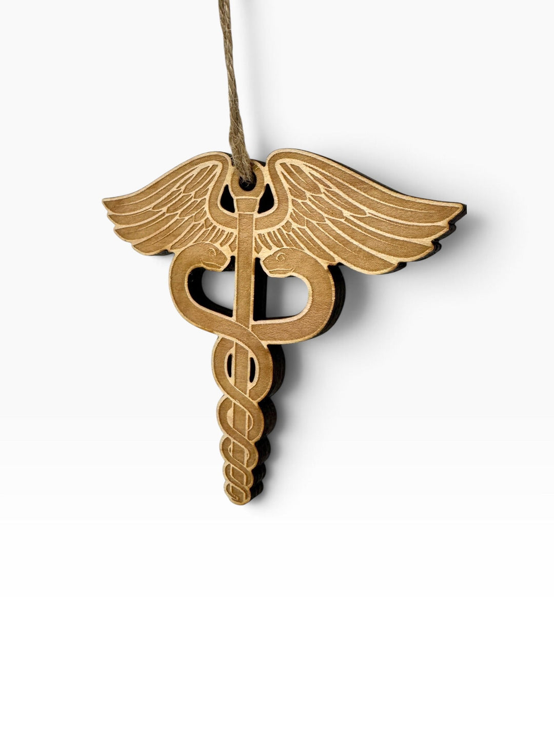 HipFlaskPlus laser-engraved wooden medical caduceus ornament with rustic charm hanging on a string
