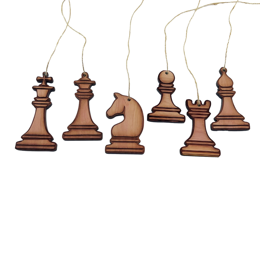 HipFlaskPlus set of six laser-cut wooden chess piece ornaments with rustic finish and hanging twine strings