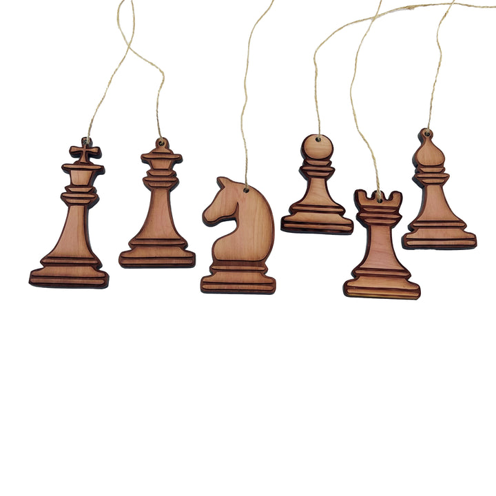 HipFlaskPlus set of six laser-cut wooden chess piece ornaments with rustic finish and hanging twine strings