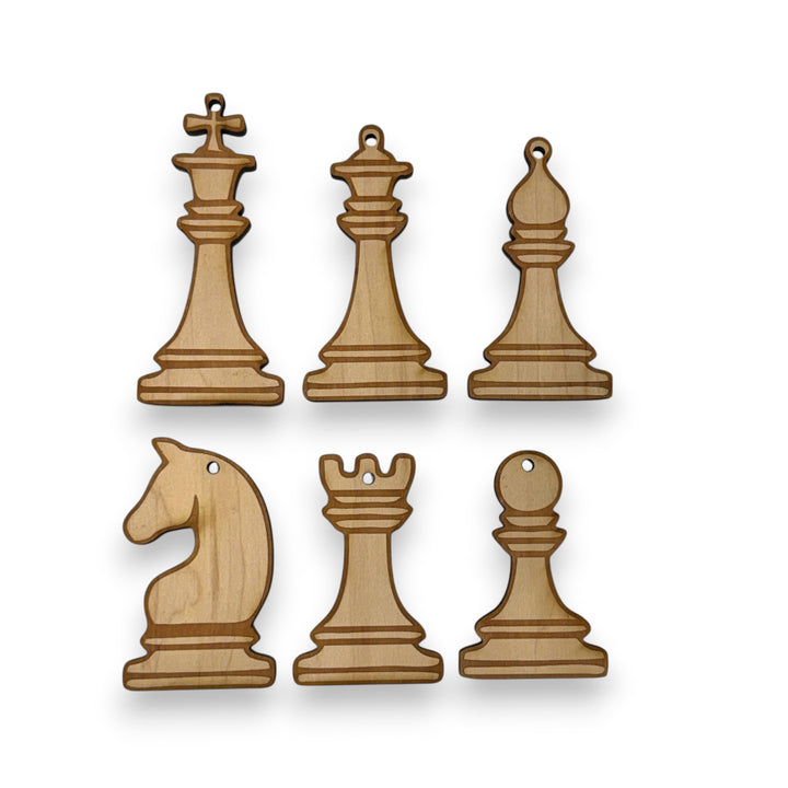 HipFlaskPlus set of six laser-cut wooden chess piece ornaments for Christmas trees or gift tags.