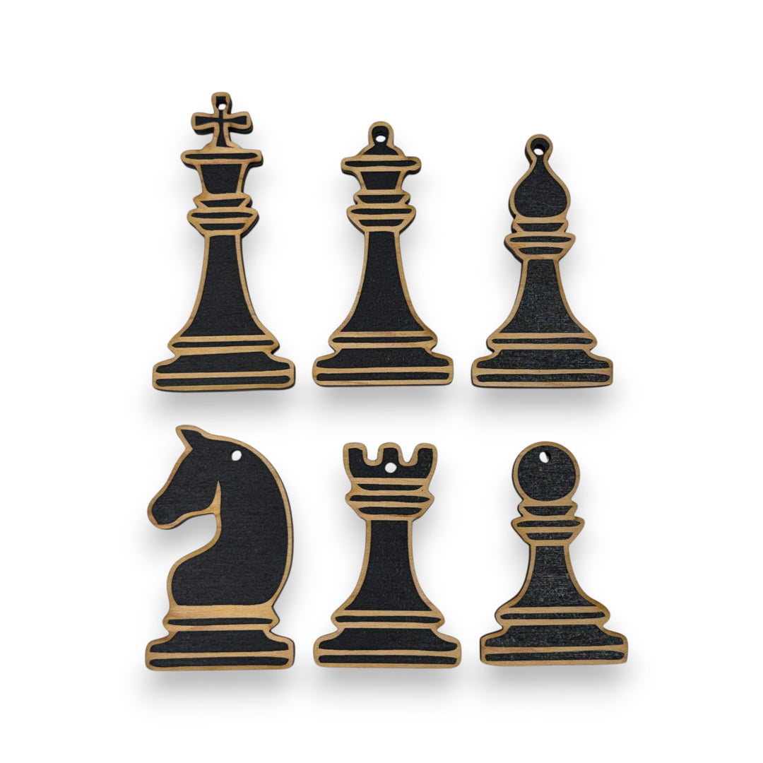 HipFlaskPlus set of 6 laser-engraved wooden chess piece ornaments for Christmas trees or gift tags.