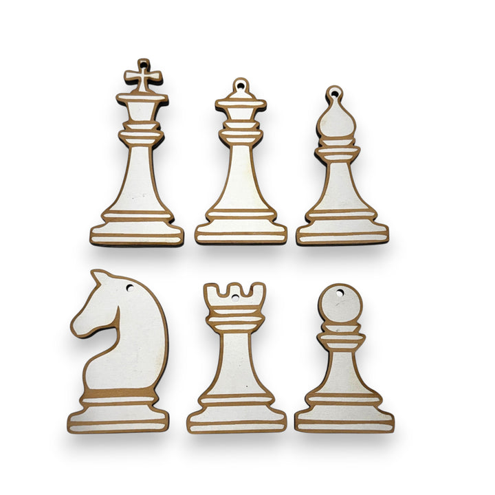 HipFlaskPlus set of six laser-cut wooden chess piece ornaments for Christmas trees or gift tags.