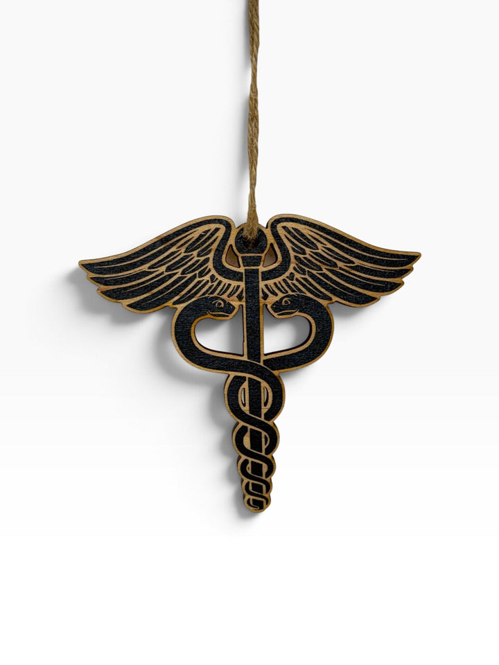 HipFlaskPlus laser-engraved wooden medical caduceus ornament with rustic charm and hanging twine