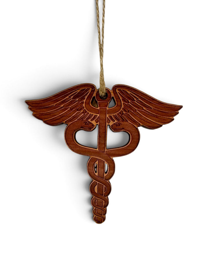 HipFlaskPlus laser engraved wooden medical caduceus ornament with rustic finish and hanging twine