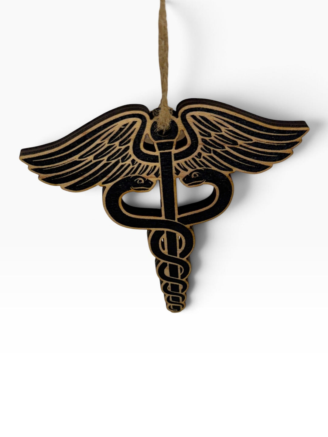 HipFlaskPlus laser-engraved wooden medical caduceus ornament with rustic charm and jute hanging string