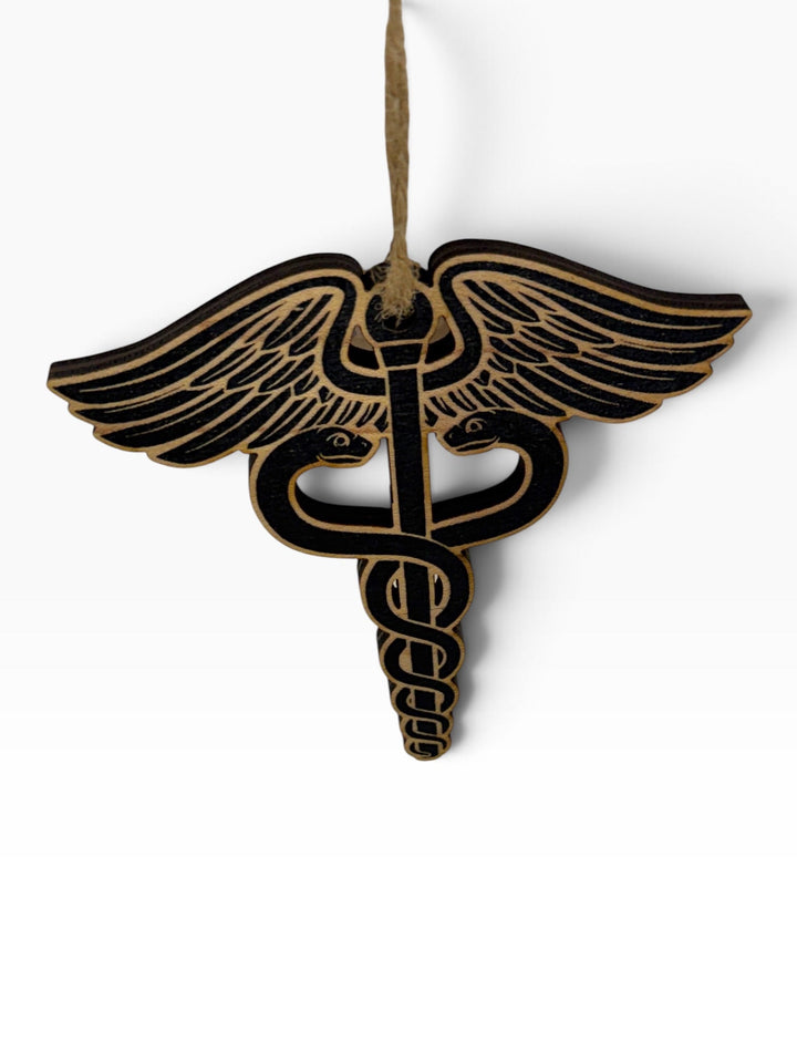 HipFlaskPlus laser-engraved wooden medical caduceus ornament with rustic charm and jute hanging string