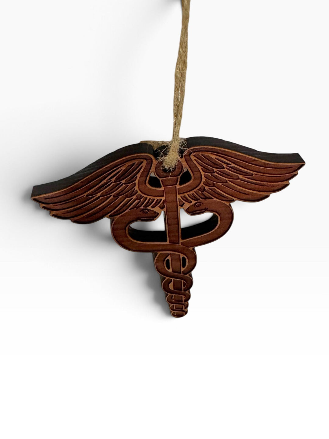 HipFlaskPlus laser engraved wooden medical caduceus ornament with rustic finish and twine hanging loop