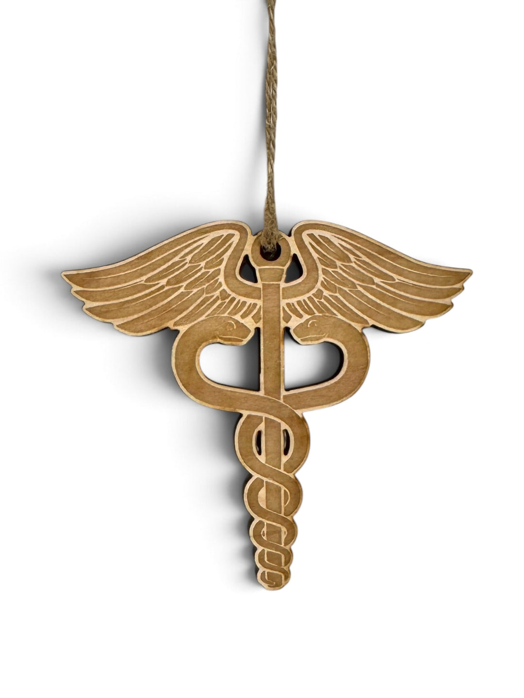 HipFlaskPlus laser-cut wooden medical caduceus ornament with rustic finish hanging on a twine string