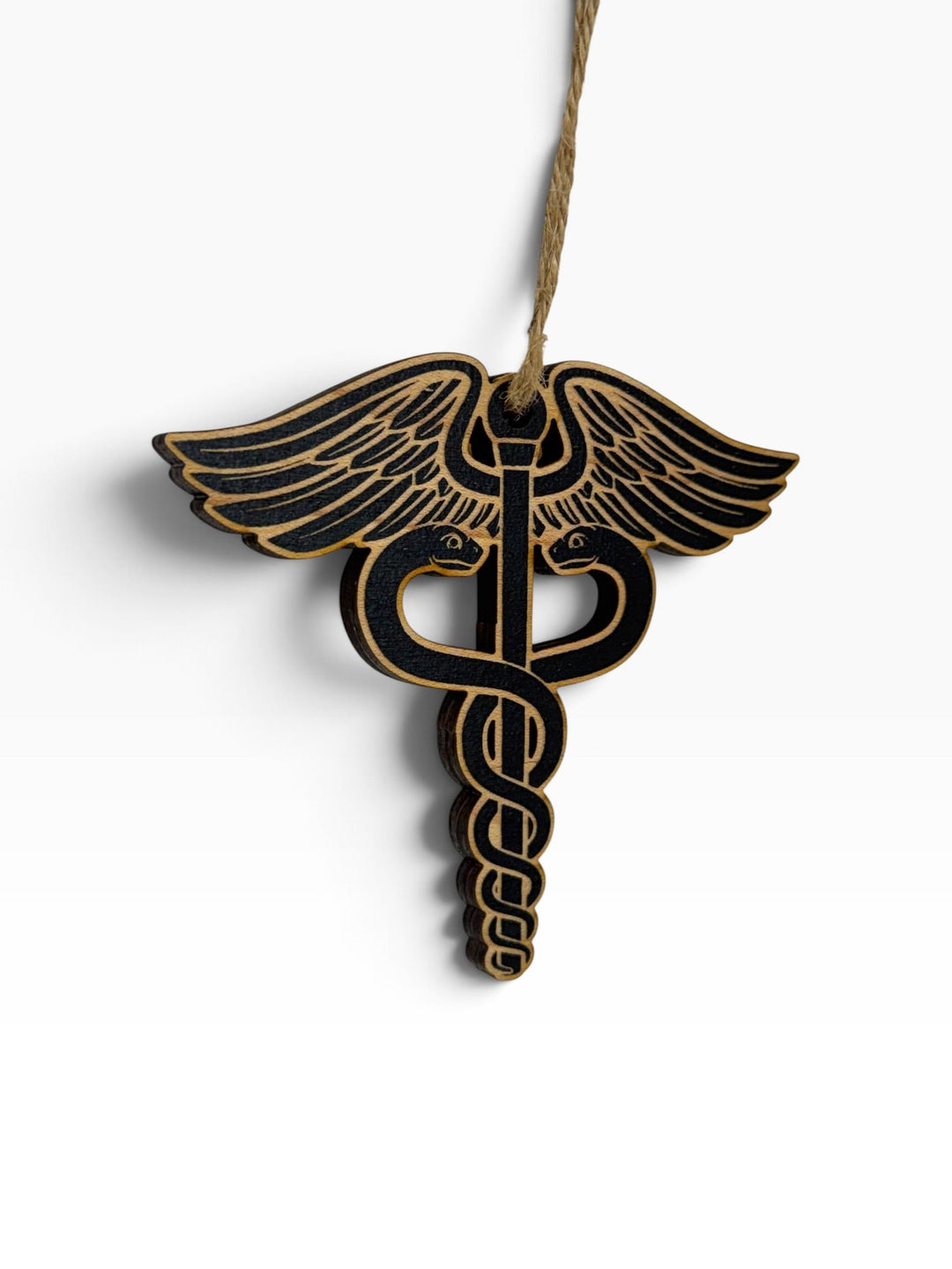 HipFlaskPlus laser-engraved wooden medical caduceus ornament with twine hanger for Christmas tree or gift tags