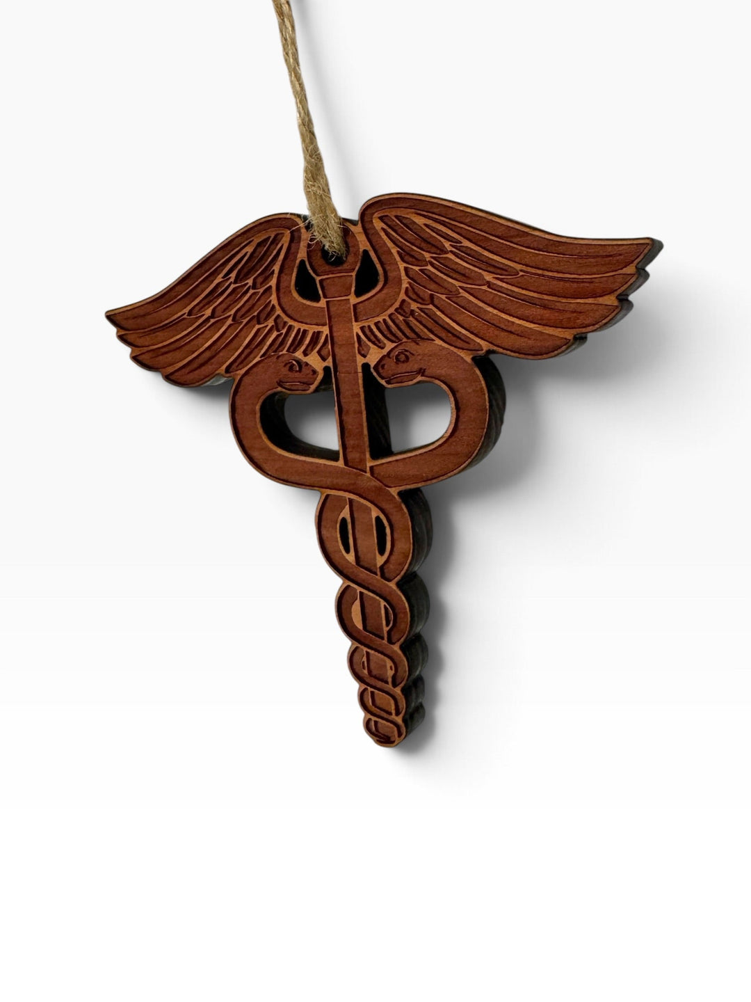 HipFlaskPlus laser-engraved wooden medical caduceus ornament with rustic finish and hanging twine