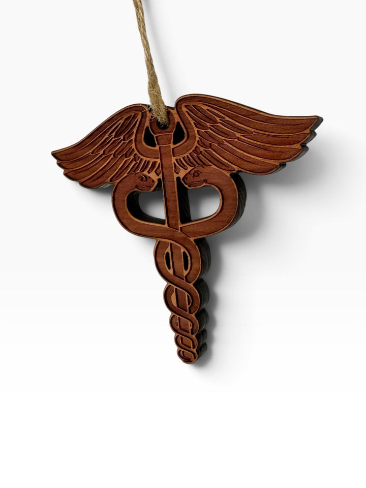 HipFlaskPlus laser-engraved wooden medical caduceus ornament with rustic finish and hanging twine
