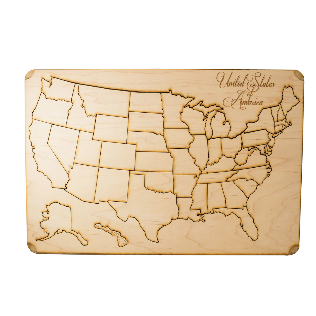 HipFlaskPlus raw wood 50 state American puzzle map art kit with laser-cut details on a 12x18 inch board.