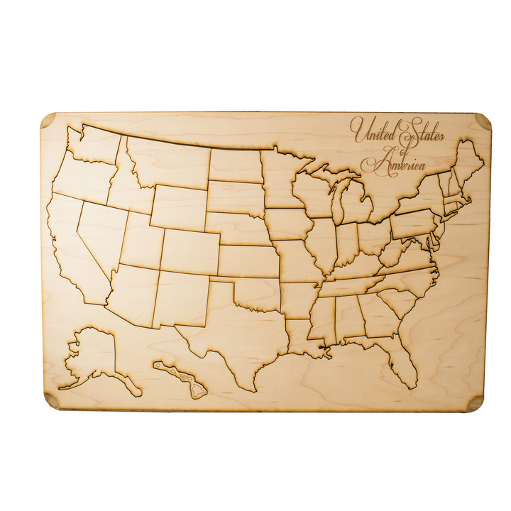 HipFlaskPlus raw wood 50 state American puzzle map art kit with laser-cut details on a 12x18 inch board.