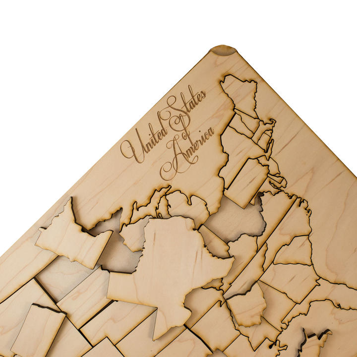 HipFlaskPlus 50 state American puzzle map art kit made of raw laser-cut wood with engraved United States of America text